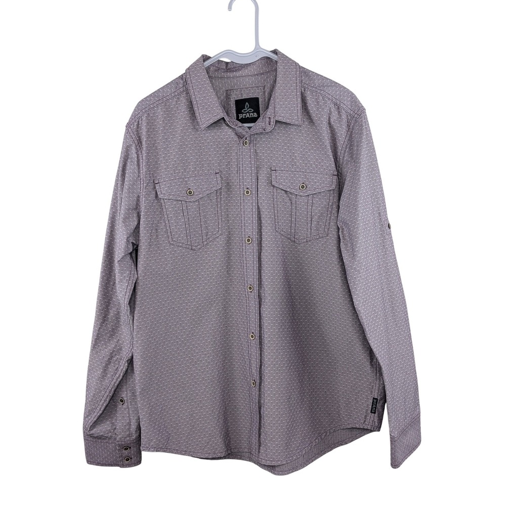 prAna Mens Button Down Shirt Medium Purple Geometric Long Sleeve Roll Tab Hiking